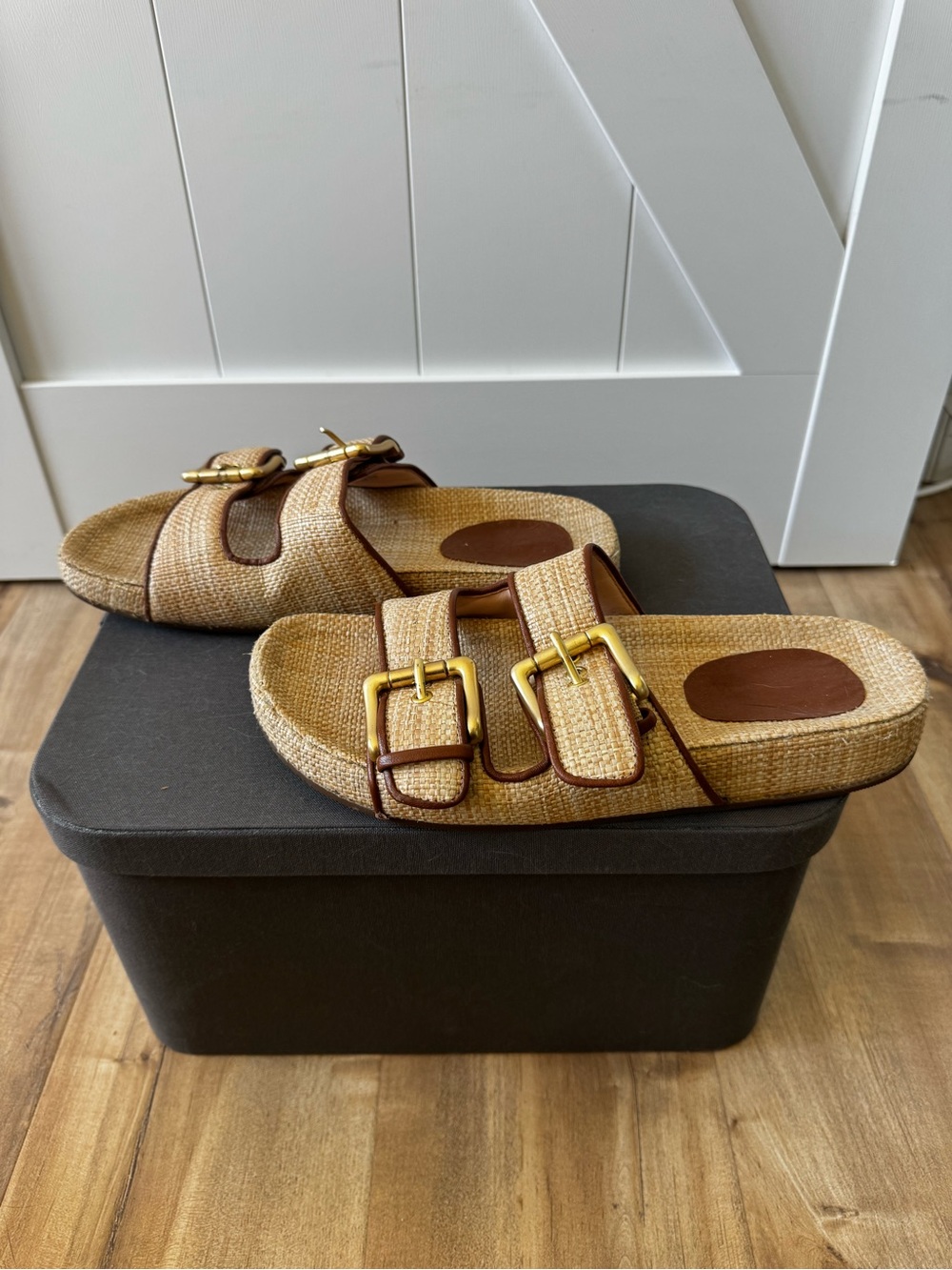J. Crew Natural Woven Double-Buckle Slide Sandals with Gold Hardware